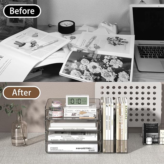 4-Tier Horizontal Acrylic Paper Tray Organizer with Booends | Clear Stackable Desk Organizer for Documents, Letters, A4 Paper | Modern Office/Classroom/Home Organization,Brown