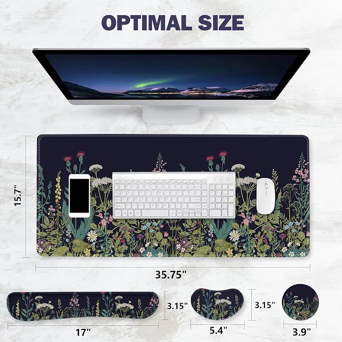 ToLuLu Extended Gaming Mouse Pad, Memory Foam Ergonomic Keyboard Mouse Wrist Rest Support Set, Large Desk Mat with Stitched Edges, Non-Slip Base Mousepad for Home Office Game, Weeds Plants