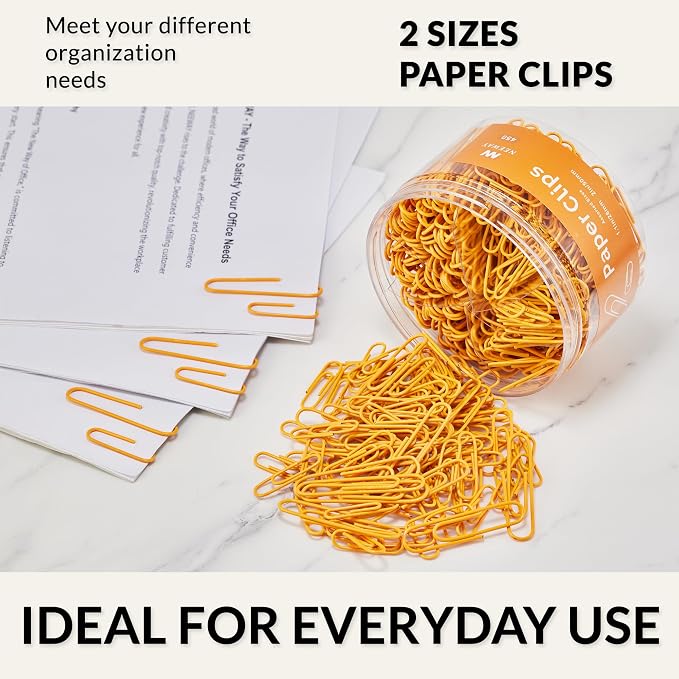 NEEWAY 450pcs Paper Clips Assorted Sizes, Small and Large Paper Clips (1.1 inch, 2 inch), Coated Paperclips for Office School Document Organizing (Orange)
