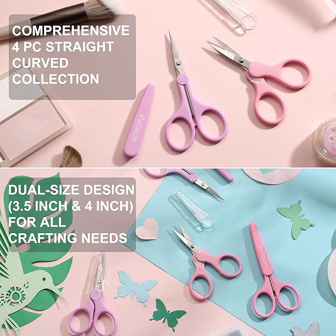 PAFASON Sharp Point Craft Scissor Set 4 PC Straight Curved for Scrapbooking Quilting DIY Sewing Knitting Embroidery Cross Stitch Crochet Thread Yarn Paper Detail Cutting Stainless Steel Safety Case