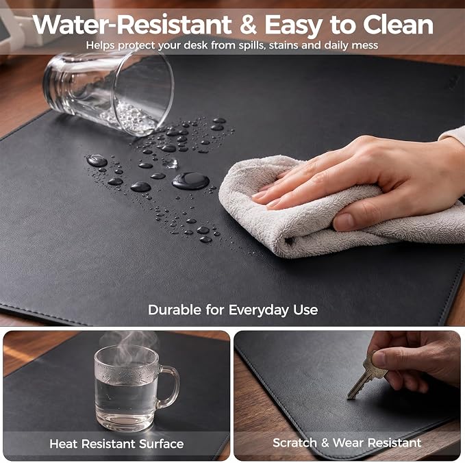 Large Desk Pad Non-Slip Desk Mat Protector for Keyboard Mouse Waterproof Vegan Leather Surface Faux Leather Laptop Mat Smooth Mouse Pad Premium Gift Tube Obsidian Black 47" x 17"