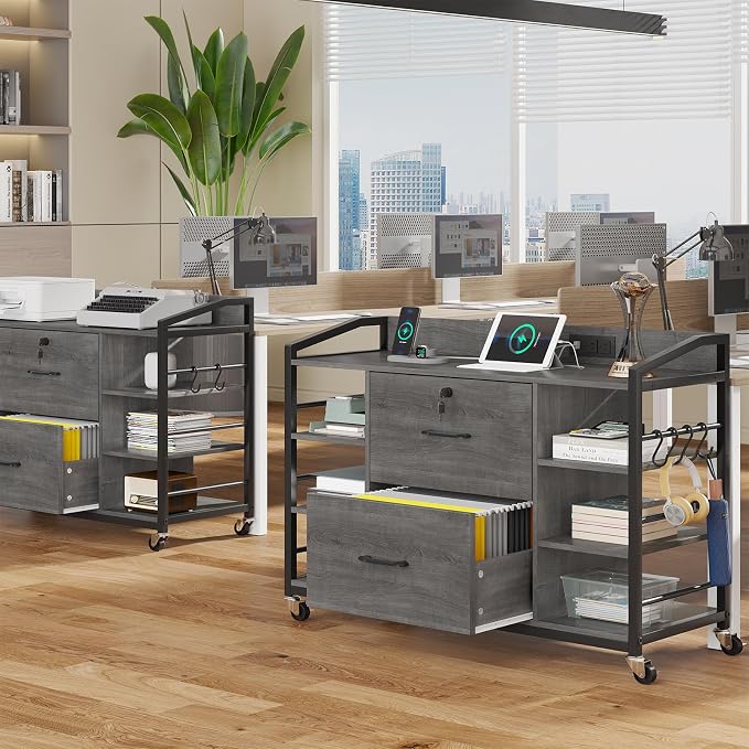 SEDETA 44" File Cabinet with Lock, Filing Cabinet fits Legal/Letter Size | Grey Lateral 2 Drawer Filing Cabinets for Home Office with Lock, Power Strip, 6 Storage Shelves, Wheels and 4 Hooks