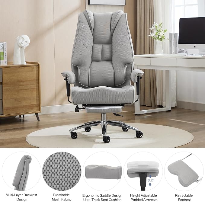 EXCEBET Big and Tall Executive Office Chair 400lbs Wide Seat, Mesh Grey | Wide seat, Retractable footrest, 135° recline, Lumbar support, Breathable mesh,Ergonomic high back for lower back pain relief
