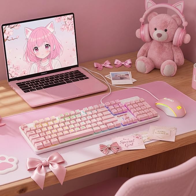 Redragon Updated S107WP Gaming Keyboard and Mouse, RGB Gaming Keyboard and 10000 DPI Mouse Combo with 25-Key Anti-Ghosting, 1K Hz Programmable Mice with Software, Plug & Play to PC, Laptop - Pink