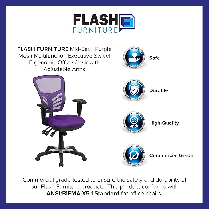 Flash Furniture Mid-Back Purple Mesh Multifunction Executive Swivel Ergonomic Office Chair with Adjustable Arms | Adjustable Armrests, 360° Swivel, Height Adjustable, Commercial Grade