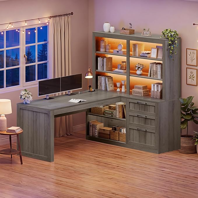 SEDETA Farmhouse L Shaped Computer Desk, 59'' Wood Office Desk with 3 Drawers and 5-Tier Bookshelf, Corner Desk with Storage Shelves and Power Outlet for Home Office Small Space, Grey