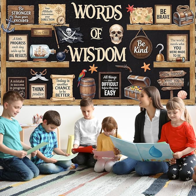 Mooliwe 57 Pcs Pirate Bulletin Board Set Inspirational Classroom Decor | Treasure Map Cutouts, Motivational Signs, Adventure Theme for School Office Chalkboard Door Wall, Summer Sets