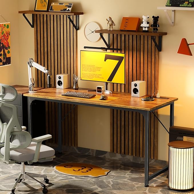 55 X 20 Inch Computer Desk, Power Outlets, USB-C, Rustic Brown | Office Desk with 4 AC Outlets, USB & USB-C, Sturdy Metal Frame, Spacious Desktop for Work, Writing, Study & Gaming