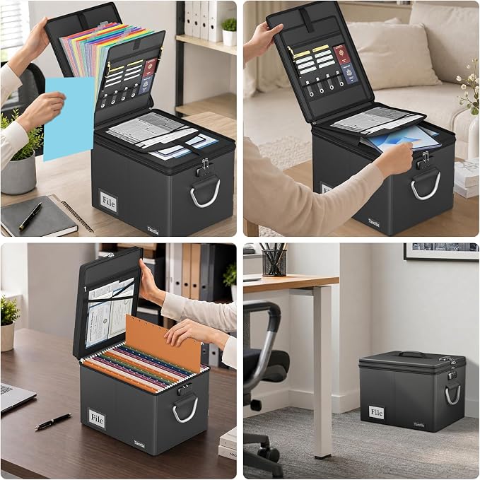 Tamfile Fireproof Document Organizer Box with Accordion File Folder,Black | 13 Transparent Pocket, Filing Storage Cabinet, Lock&Handle, Portable Home Office Safe for Hanging Letter/Legal Folder