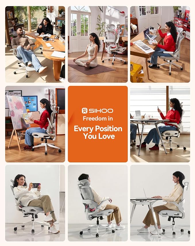 SIHOO B100 Office Chair, Comfy Ergonomic Office Chair, High Back Computer Chair with Adaptive Lumbar Support & wide Headrest, Flip-up Armrests, Swivel Desk Chair for Long Hours, WITHOUT Footrest, Grey