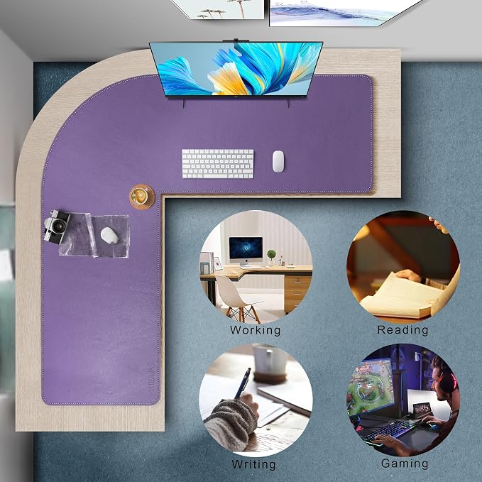 Mydours L-Shape Desk Mat, 46"x46" x 16" Large PU Leather Corner Pad, Purple | XXL Extra Large Waterproof Gaming Mouse Pad, L-Corner Desk Mat Blotter, Desktop Protector for Computer Keyboard Home Office