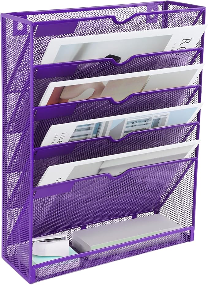 6 Tier Mesh Hanging Wall File Organizer, Desk Vertical Mail Paper Document Folder Holder Rack with Bottom Tray and Nametag Label for Office Home School, Purple