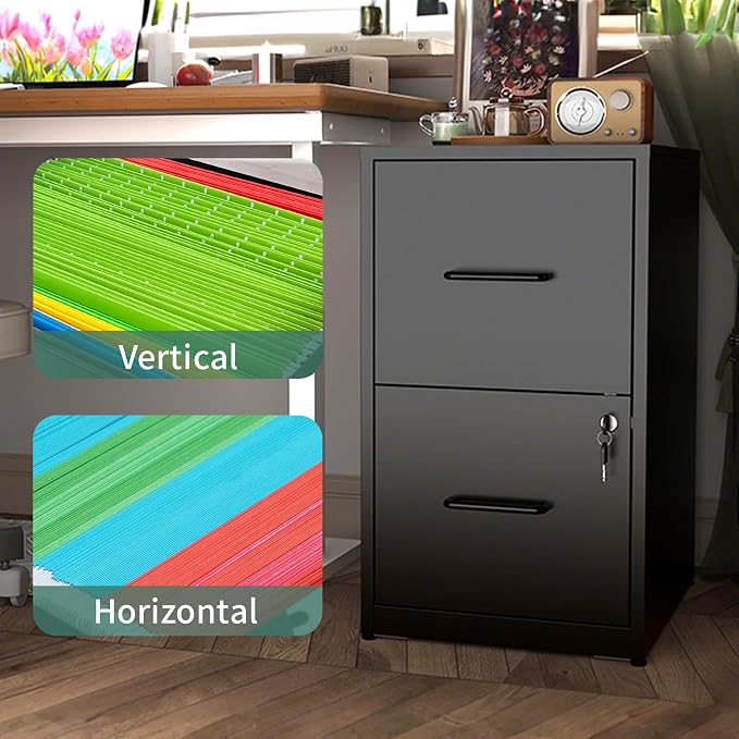2 Drawer File Cabinet with Lock,Metal File Cabinet for Home Office | Black Vertical Filing Cabinets Heavy Duty Office Storage Cabinets for Letter/Legal/A4/F4 Size File, Assembly Required