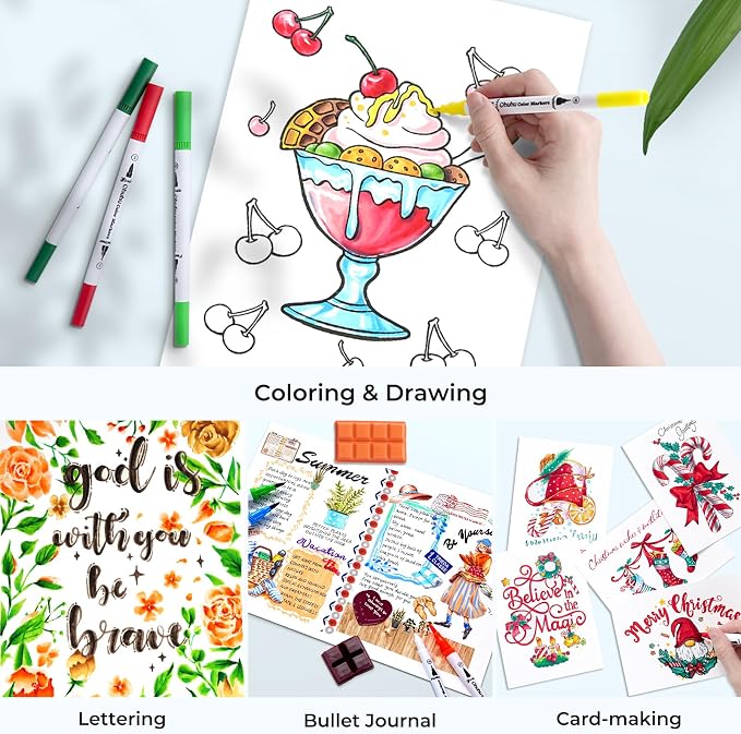Ohuhu Adult Coloring Book Markers 160 Color Dual Tip Water-Based-Maui-White | No Bleed Coloring Markers Fineliner & Brush Drawing Pens Art Pens for Kids Adults Sketch Journal