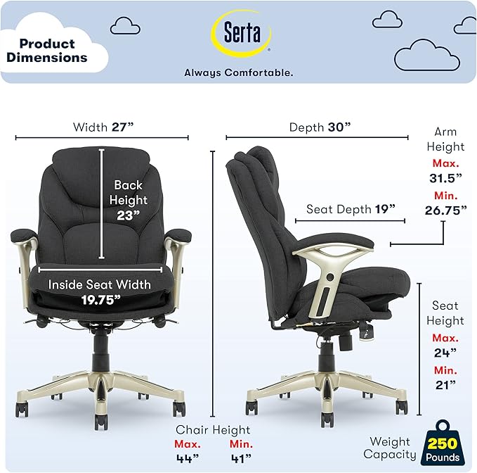 Serta Claremont Executive Office Chair with Back-In-Motion Technology, Ergonomic Mid-Back with Pivot Lumbar Support and Seat, Plush Cushion, Body Pillows, Adjustable Arms, Dark Gray Fabric