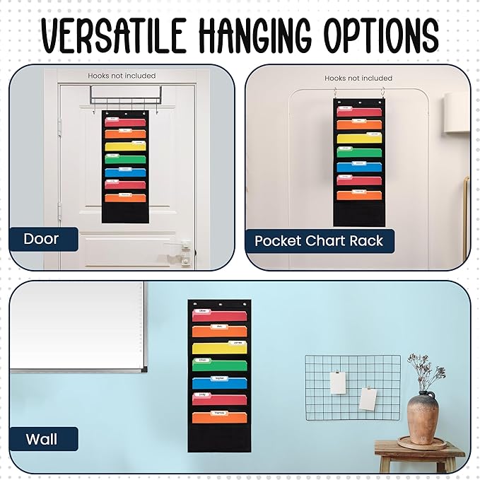 Essex Wares - 7 Pocket File Folder Pocket Chart, Black, 14" W x 30" T | Versatile Wall Hanging File Folder Organizer for Classrooms, Offices, Home, and More - Wall Folder Organizer