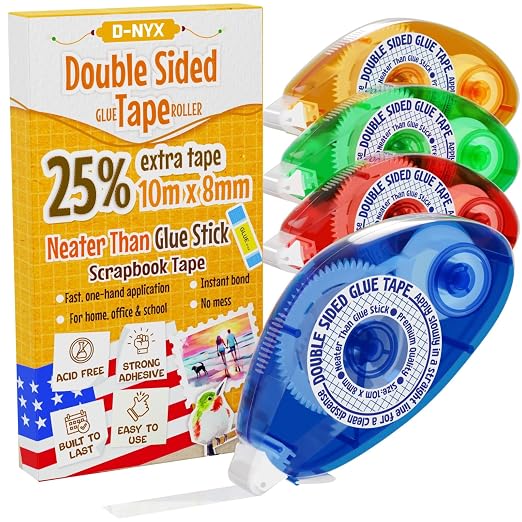 D-NYX 8 Pack Double Sided Tape Roller, Scrapbook Supplies, Glue Tape Roller for Crafts, School Office Journaling Supplies, Double-Sided Permanent Adhesive Tape Runner for Scrapbooking