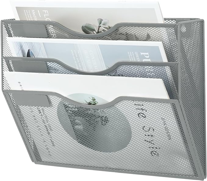 3 Pocket Mesh Hanging Wall File Organizer, Wall Mounted Mail Paper Document Folder Holder, Clipboard Storage Organization Magazine Rack with Nametag Label for Office Home School, Gray