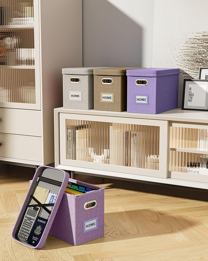File Organizer with Lid, Hanging Filing Box with Mesh Pocket, Document Organizer for Letter Files, Portable Storage Box for Office & Home (1 PCS, Taro Purple)