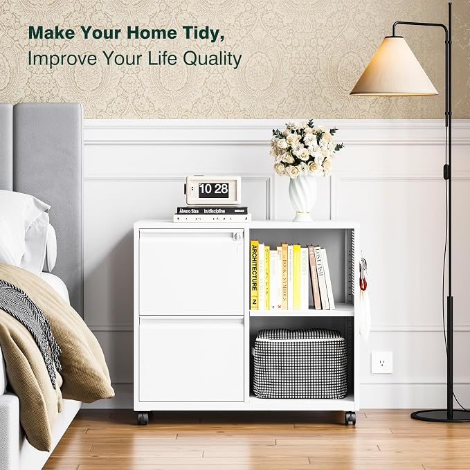 Metal 2 Drawer File Cabinet with Side Hook, Lockable Lateral Filing Cabinet for Letter/A4/Legal Size Files,Rolling Printer Stand with Adjustable Shelf & Lockable Wheelss for Home Office(White)