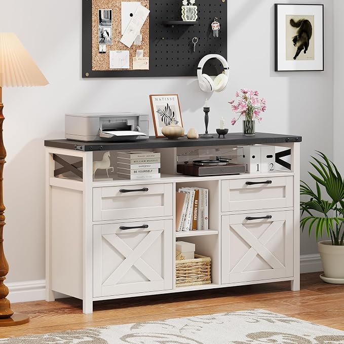 Halitaa File Cabinet with Open Storage Shelf for Home Office, Black | Farmhouse, Lateral Filing Organization Storage Cabinets, 4 Drawers, Adjustable Shelf, Hanging Files Letter/A4