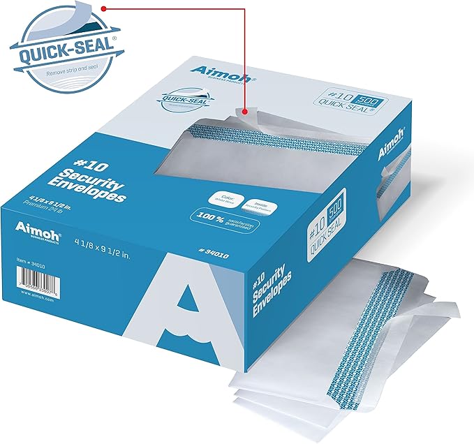 Aimoh#10 Business Envelopes Letter Size Windowless Self Seal Security 500ct | Premium EnveGuard Tint, Ultra Strong Quick Closure, White, 24LB Paper, 4-1/8 x 9-1/2 in, 500 Count