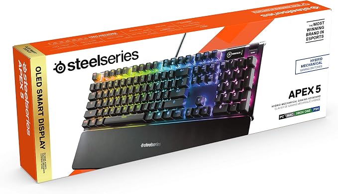 SteelSeries USB Apex 5 Hybrid Mechanical Gaming Keyboard – Per-Key RGB Illumination – Aircraft Grade Aluminum Alloy Frame – OLED Smart Display (Hybrid Blue Switch) (Pack of 5)
