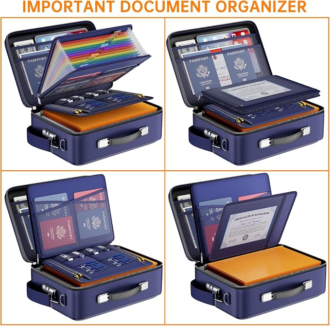 DocSafe Fireproof Document Box Hard Case with Lock & Accordion File Folder | Fire and Water Resistant Safe Box,File Organizer,Multi-Pocket,Home Office Travel Storage for Important Document,Laptop,Blue
