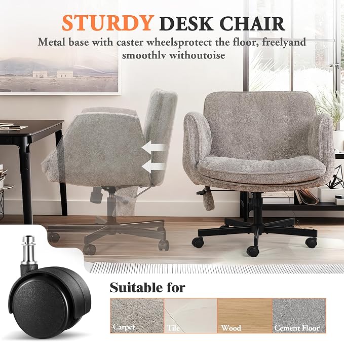 Criss Cross Chair with Lumbar Airbag & Folding Arms Relieve Back Pain, Wide Cross Legged Office Chair for Home Office, Comfy Swivel Desk Chair with Wheels, 5 Level Adjustable Armrest, Chenille(Grey)