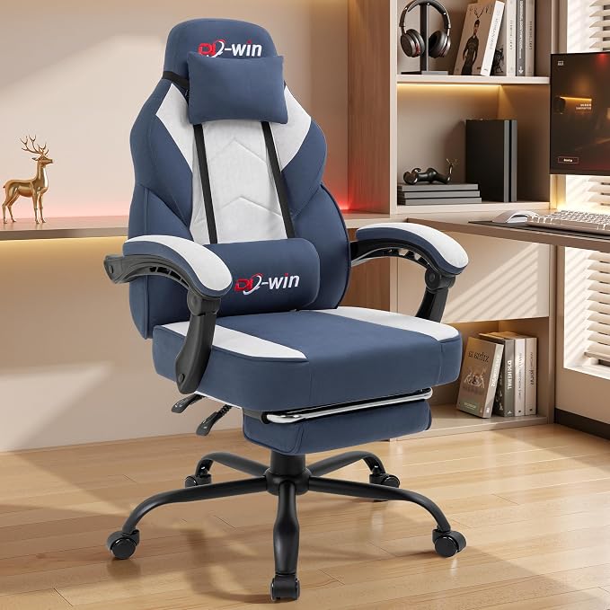 Video Gaming Chair for Adults, Computer Chair with Footrest and Ergonomic High Back, Big and Tall Gamer Chair with Massage Lumbar Support (Light Blue Fabric)