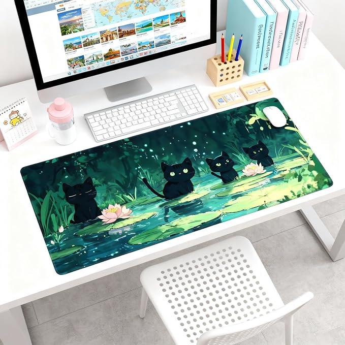 Cute Anime Black Cat Gaming Mouse Pad, Forest Green Anime Desk Mat with Anti-Slip Base & Stitched Edges,35.4" x 15.7" in Desk Accessories for Women, Home Office Decor & Artistic Gift