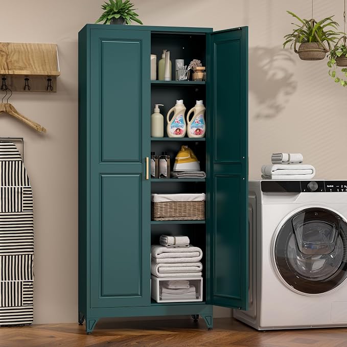 75" Kitchen Pantry Cabinet, Metal Storage Cabinets with 2 Doors | Kitchen Cabinet with 4 Adjustable Shelves, Tall Food Pantry Storage Cabinet, Cupboard for Kitchen, Dining Room, Living Room