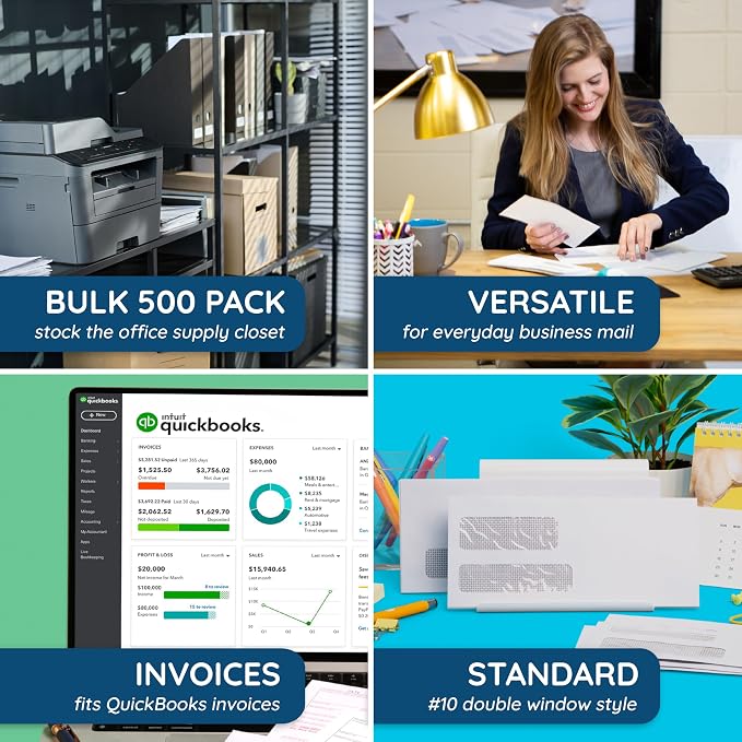 Blue Summit Supplies 500#10 Double Window Security Envelopes, Flip & Seal | 4 1/8 x 9 1/2 in, security tint, flip and seal, for QuickBooks invoices, statements, return mailings