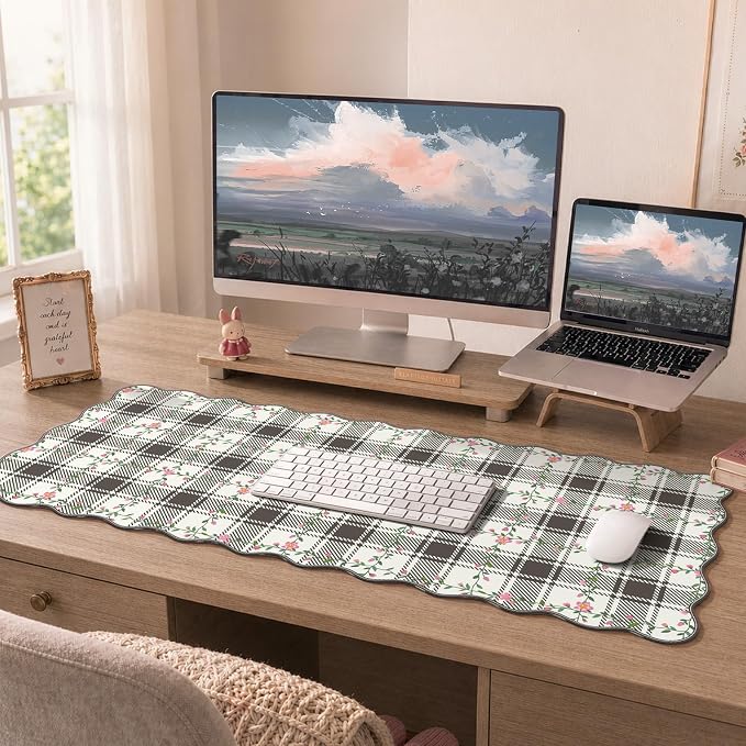 iCasso Keyboard Mat for Students, Black 35.4"x15.7" Desk Protector | Stitched Edges Scalloped Mousepad for Computer, Aesthetic Floral Desk Pad for Students Women Office Workspace Area