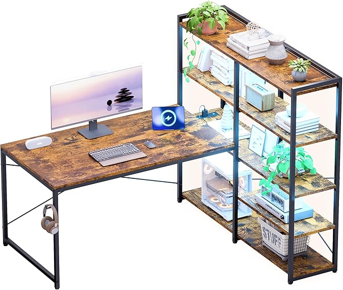 Pamray L Shaped Computer Desk with Reversible Side Storage Shelves, 49 Inch Gaming Desk with Power Outlets and Led Lights, PC Table for Home Office and Bedroom Vintage