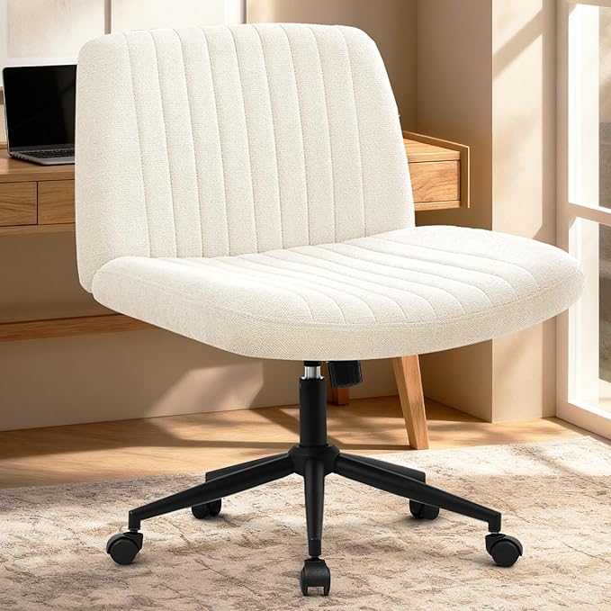 Orange Factory Criss Cross Chair, Wide Wheel Vanity Seat, Beige Dual Base | Cross-Legged with Dual Base with Wheels or Pads, 360° Swivel, Height Adjustable, Comfy Mid-Back for Office,Desk, Task Work