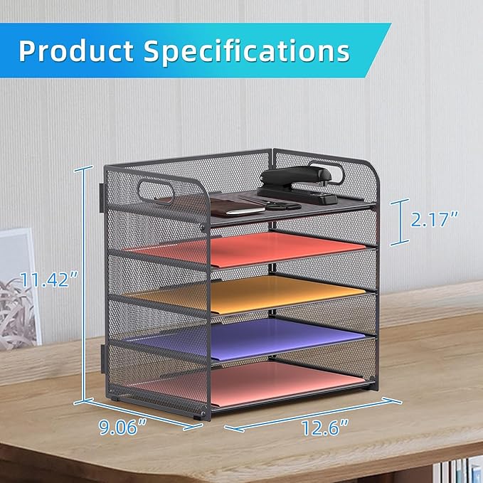 5 Trays Paper Organizer Letter Tray with Handle-Mesh Desk File Organizer, Grey Paper Sorter Desk Organizer for Office, Home or School