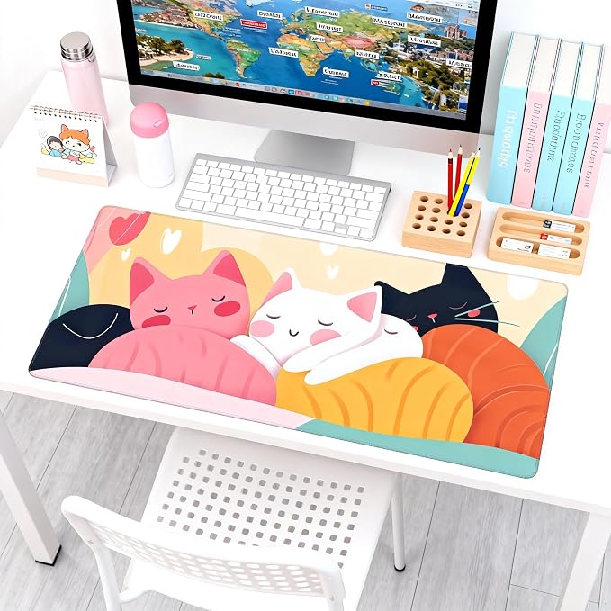 Cute Anime Cats Gaming Mouse Pad, Colorful Pop Art Desk Mat with Anti-Slip Base & Stitched Edges, Office & Home Desk Decor for Women, 35.4" x 15.7" in Computer Desktop Mat