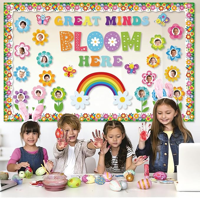 53Pcs Spring Bulletin Board Decorations Set, Great Minds Bloom Here Classroom Bulletin Board Decor, Spring Flower Bulletin Board Borders Decor for Classroom Elementary Back to School Office Wall Door
