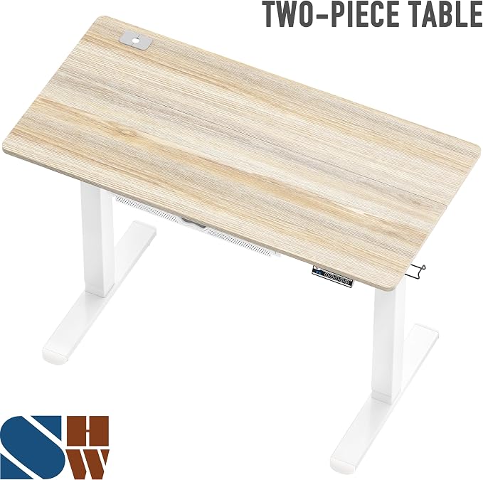 SHW 48-Inch Electric Height Adjustable Standing Desk w/Drawer, Maple | w/ Memory Presets and Cable Management | Drawer with adjustable compartments | Hanging Hooks