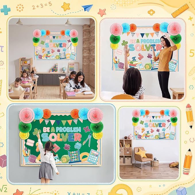 71 Pcs Boho Math Bulletin Board Decorations with Paper Fans 3D Be a Problem Solver Classroom Bulletin Board Math Symbols Cutouts for Back to School Preschool Office Door Wall Decor Supplies