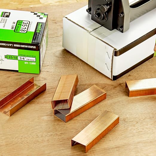 meite Carton Closing Staples 1-3/8" Wide Crown 3/4" Leg 1,600PCS | Copper-Coated 16 Gauge Carton Staples for Pneumatic or Manual Box Stapler Gun - Cardboard Closer Packaging