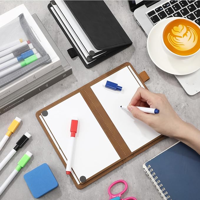Feifeiya 6 Sides Dry Erase Notebook, Brown, A6 9" X 1.2" | Portable Reusable Whiteboard Notepad 6 Side Foldable Dry Erase White Board for Planner Office Study Business Meeting Supplies