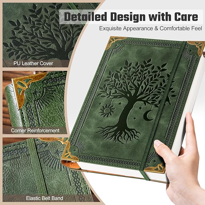 PU Leather A5 Binder 6 Ring Refillable Journal Cover No Refill Paper A5 Planner Binder Loose Leaf Binder for Notebook 5.7”x8.3” with Elastic Closure, Green Tree