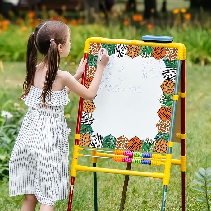 Whaline 32.8Ft Safari Bulletin Board Border Jungle Animal Print Leaves Die Cut Trim Border Roll for Back to School Safari Birthday Chalkboard Wall Decor