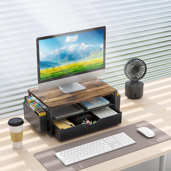 gianotter Desk Organizers and Accessories, Monitor Stand with Drawer and 2 Pen Holder, Desktop Organizer Suitable for Offices and Dormitories (Wood-Plain)