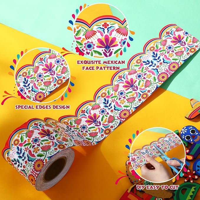 32.8 Ft Spanish Bulletin Board Borders Mexican Scalloped Trim | Fiesta Trim for Classroom Office, Hispanic Heritage Displays, Rainbow Floral Scalloped Edge, Party Wall Decoration Supplies