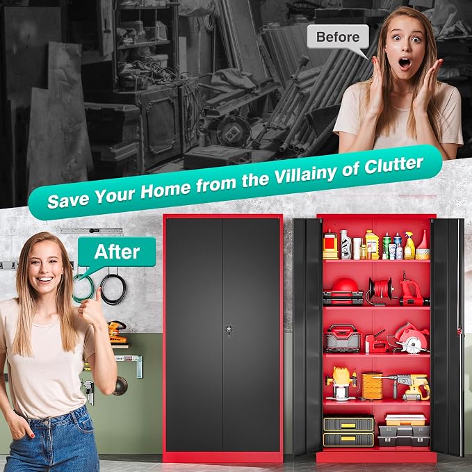 Red Metal Storage Cabinet with Locking Doors and Shelves,Garage Storage Cabinet with Lock,Steel Locker,Lockable Cabinets for Home,Office,Shop,Garage Cabinets