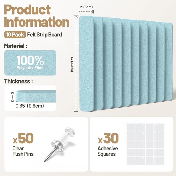10 Pack 13"x2" Cork Board Strip with Removable Adhesive Squares & Push Pins | Pin Board Alternative Felt Strip Bulletin Board, Felt Board for Photo & Note Display, Home Office Decor - Aqua Blue