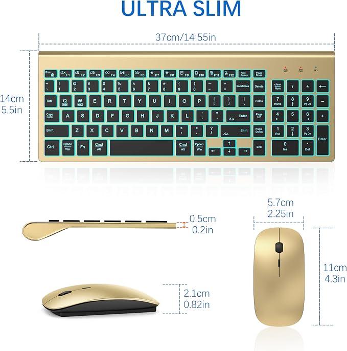 Wireless Backlit Keyboard and Mouse Ultra Slim Combo, TopMate - Gold Black | 2.4G Silent Compact 2400DPI Mouse and Scissor Switch Keyboard Set, Batteries Included, for PC/Laptop/Windows/Mac/Gaming